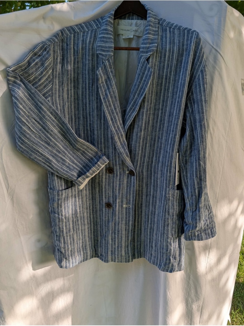 Treasure & Bond Blue and White Striped Linen-Blend Blazer